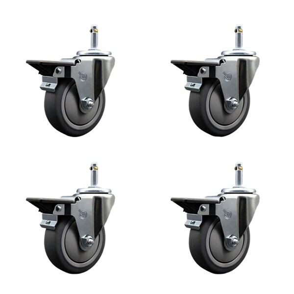 Service Caster 4'' Thermo Rubber Swivel 7/16'' Grip Ring Stem Caster Set with Brake, 4PK SCC-GR20S414-TPRB-PLB-716138-4 - main